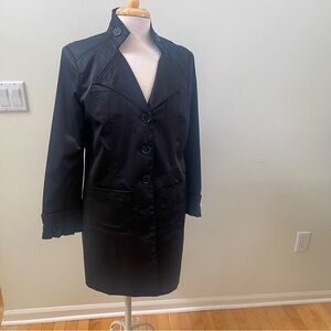Sassy Button Down Coat Dress Matte Black Satin Dalia Collection 12 Ruffle Detail